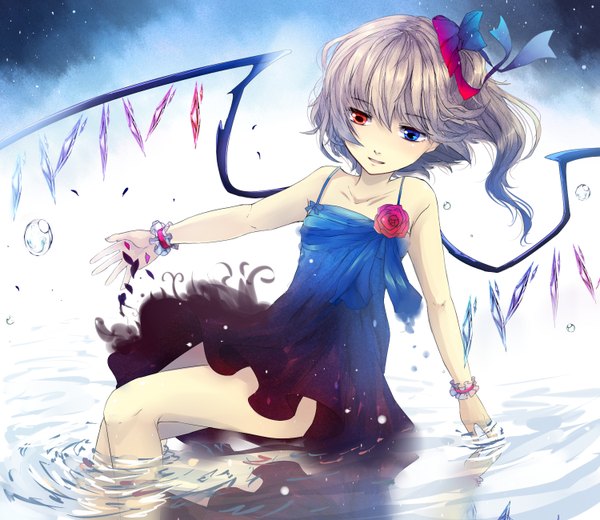 Anime picture 1500x1300 with touhou flandre scarlet renkarua single short hair sitting silver hair heterochromia one side up girl dress bow hair bow wings water sundress crystal