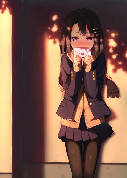 Anime picture 800x1120 with original kinta (distortion) single tall image blush fringe short hair brown hair standing holding pink eyes sunlight shadow leaning embarrassed looking down girl thighhighs skirt uniform