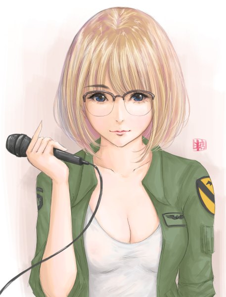 Anime picture 1890x2480 with original sweetsoupman single tall image looking at viewer fringe highres short hair blue eyes blonde hair upper body girl glasses jacket microphone