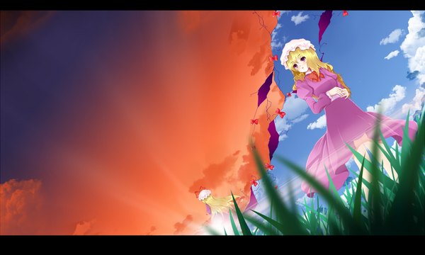Anime picture 1800x1080 with touhou yakumo yukari maribel hearn dusk/dawn long hair blush highres blonde hair wide image purple eyes sky cloud (clouds) solo focus dual persona girl dress bow plant (plants) grass bonnet