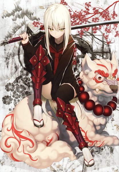 Anime picture 2098x3034 with ac (eshi) hiiragi ryou long hair tall image looking at viewer fringe highres red eyes sitting yellow eyes bent knee (knees) white hair pointy ears scan teeth fang (fangs) facial mark floral print sleeves past wrists reclining