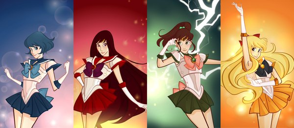 Anime picture 1712x750 with bishoujo senshi sailor moon toei animation aino minako kino makoto mizuno ami hino rei sailor venus sailor mars sailor mercury sailor jupiter scpg89 long hair highres short hair blue eyes black hair blonde hair brown hair wide image purple eyes