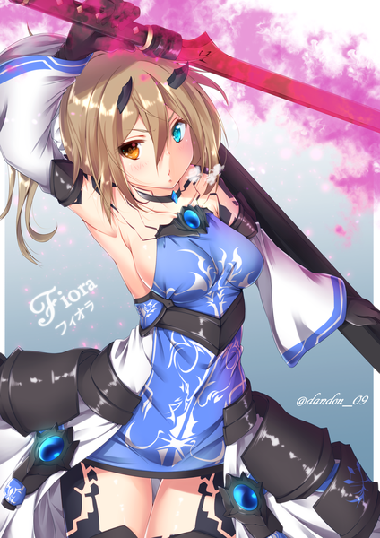Anime picture 1358x1920 with phantasy star phantasy star online 2 sega dandou single long hair tall image looking at viewer blonde hair signed horn (horns) heterochromia girl dress gloves weapon detached sleeves sword black gloves