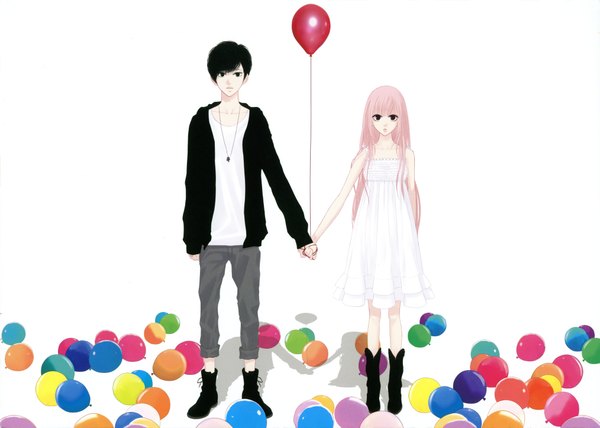 Anime picture 4054x2894 with vocaloid just be friends (vocaloid) megurine luka yunomi (yunomi imonuy) long hair looking at viewer highres short hair open mouth black hair simple background standing white background bare shoulders pink hair absurdres black eyes open clothes open jacket holding hands