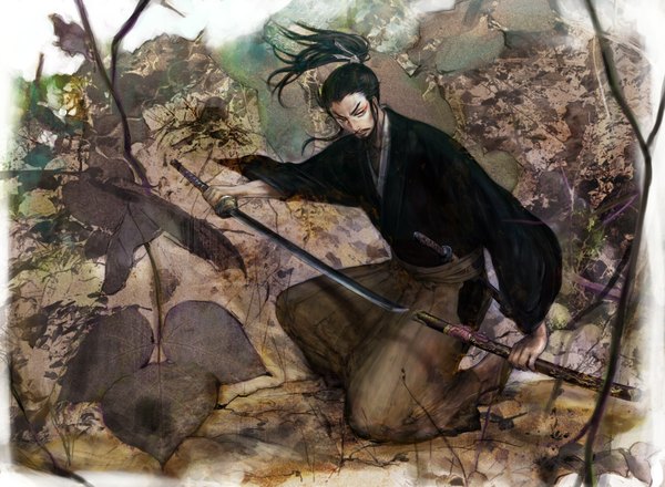 Anime picture 1800x1320 with shin sangoku musou cao cao sato yasushi (artist) highres black hair traditional clothes samurai boy weapon sword katana