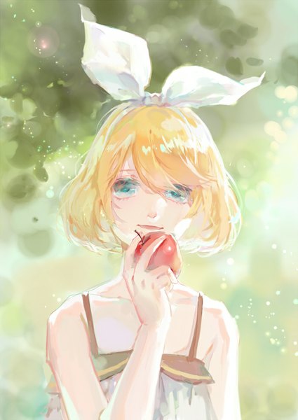 Anime picture 700x989 with vocaloid kagamine rin moss (2225028) single tall image looking at viewer fringe short hair blonde hair smile holding light smile girl hairband fruit apple