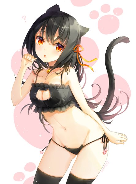 Anime picture 667x900 with original fuumi (radial engine) single long hair tall image looking at viewer blush fringe breasts open mouth light erotic black hair simple background hair between eyes white background animal ears yellow eyes payot tail head tilt