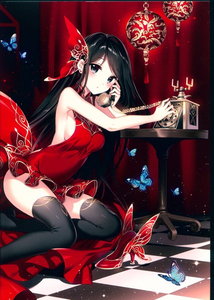 Anime picture 4996x7020 with original nardack single long hair tall image looking at viewer blush fringe highres breasts light erotic black hair sitting bare shoulders absurdres indoors black eyes scan sparkle high heels