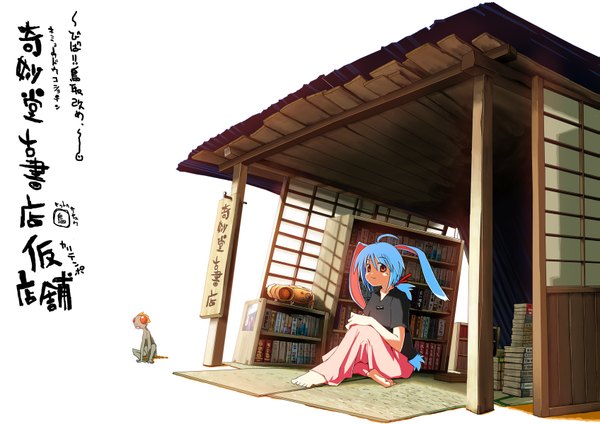 Anime picture 1695x1200 with tottori (artist) red eyes animal ears blue hair ahoge barefoot bunny ears girl animal book (books) shelf bookshelf