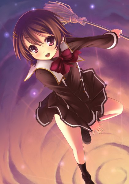 Anime picture 750x1069 with quiz magic academy aiko (quiz magic academy) ryo (botugo) single tall image blush short hair open mouth red eyes brown hair girl uniform school uniform socks bowtie black socks broom