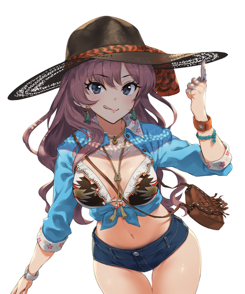 Anime picture 1016x1221 with idolmaster idolmaster cinderella girls ichinose shiki pyz (cath x tech) single long hair tall image looking at viewer breasts light erotic simple background brown hair white background from above black eyes thigh gap adjusting hat front-tie top girl hat