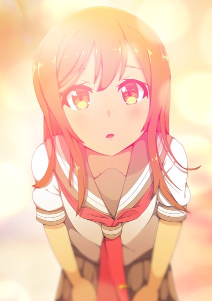 Anime picture 2480x3508 with love live! sunshine!! sunrise (studio) love live! kunikida hanamaru senguyen1011 single long hair tall image looking at viewer blush fringe highres open mouth hair between eyes brown hair yellow eyes blurry leaning depth of field leaning forward