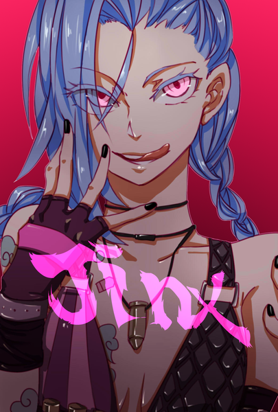 Anime picture 1181x1748 with league of legends jinx (league of legends) dahei (artist) single long hair tall image breasts simple background blue hair pink eyes tattoo flat chest looking up red background girl gloves tongue fingerless gloves