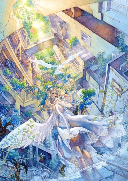 Anime picture 1063x1500 with original shuka (artist) long hair tall image blue eyes blonde hair bare shoulders looking back barefoot from behind sunlight from below city wavy hair angel wings girl dress plant (plants) animal water
