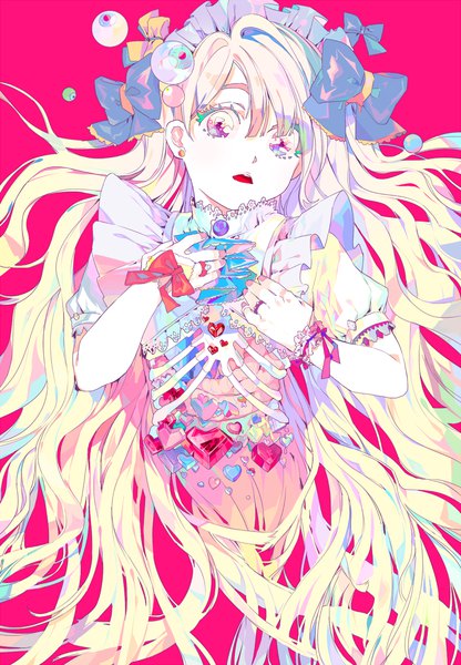 Anime picture 900x1298 with original s2riridoll single long hair tall image open mouth blonde hair purple eyes yellow eyes turning head hand on chest pink background multicolored eyes skeleton girl bow hat headdress heart maid headdress