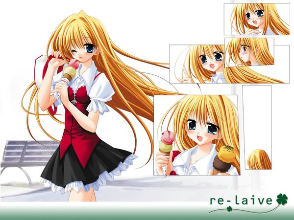 Anime picture 1024x768 with long hair blue eyes blonde hair one eye closed wink wallpaper uniform school uniform food sweets bag ice cream