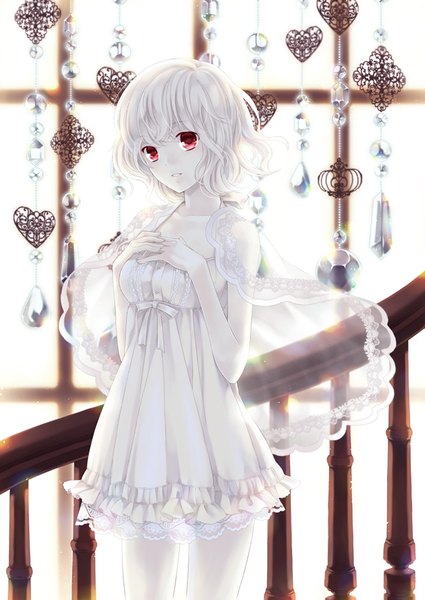 Anime picture 627x885 with original uduki eri single tall image looking at viewer fringe short hair red eyes standing white hair indoors parted lips head tilt sunlight hand on chest light messy hair white skin albino girl