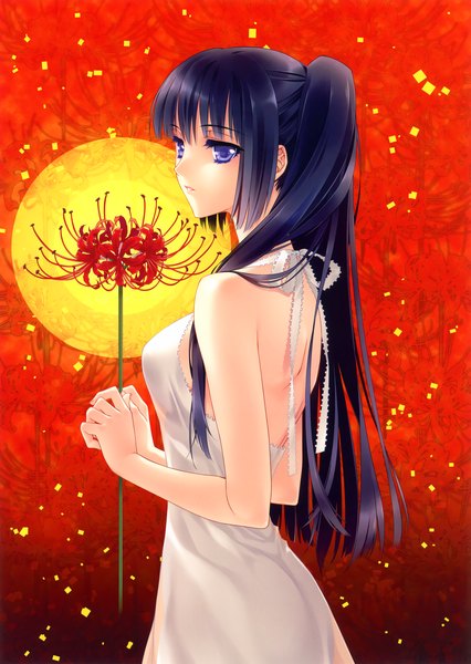 Anime picture 3268x4601 with original carnelian single long hair tall image highres black hair purple eyes bare shoulders absurdres ponytail red background girl flower (flowers) sundress higanbana