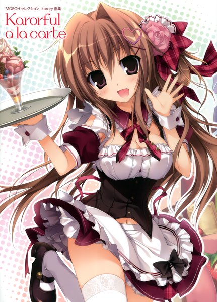 Anime picture 2515x3500 with original aomi maika karory single long hair tall image looking at viewer blush highres open mouth brown hair hair flower black eyes scan girl thighhighs dress navel hair ornament flower (flowers)