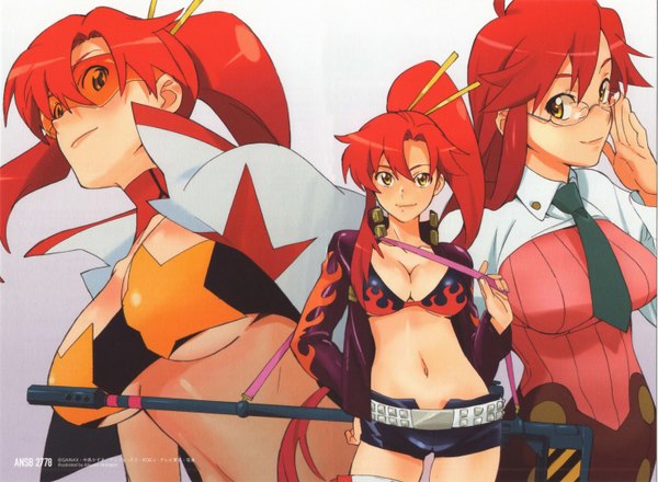 Anime picture 2950x2168 with tengen toppa gurren lagann gainax yoko littner yomako long hair highres yellow eyes ponytail red hair midriff hand on hip multiple persona girl navel weapon glasses necktie jacket shorts belt