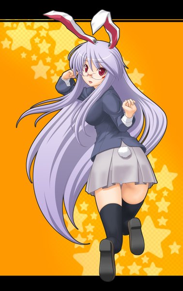 Anime picture 1200x1900 with touhou reisen udongein inaba t2r (artist) single long hair tall image light erotic red eyes purple hair bunny ears bunny girl bunny tail yellow background bespectacled girl thighhighs skirt black thighhighs miniskirt glasses