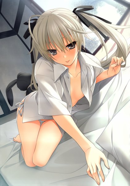 Anime picture 3388x4826 with yosuga no sora kasugano sora hashimoto takashi single long hair tall image blush highres light erotic twintails absurdres silver hair open clothes grey eyes pantyshot open shirt girl underwear panties ribbon (ribbons)