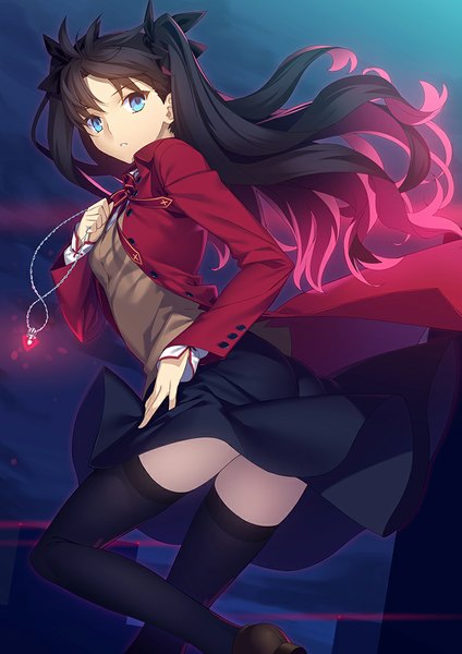 Anime picture 700x990 with fate (series) fate/stay night type-moon toosaka rin yangsion single long hair tall image looking at viewer blue eyes black hair twintails zettai ryouiki turning head girl thighhighs skirt bow black thighhighs hair bow