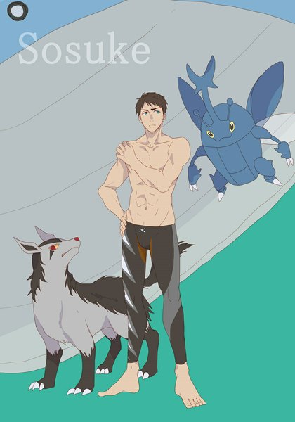 Anime picture 827x1182 with pokemon free! kyoto animation nintendo yamazaki sosuke mightyena wailord heracross ronisuke tall image blue eyes black hair simple background standing looking away hand on hip character names muscle crossover gen 2 pokemon