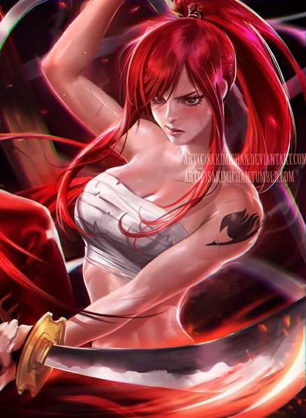 Anime picture 659x900 with fairy tail erza scarlet sakimichan single long hair tall image blush breasts red eyes bare shoulders holding looking away ponytail red hair arm up lips realistic bare belly midriff tattoo