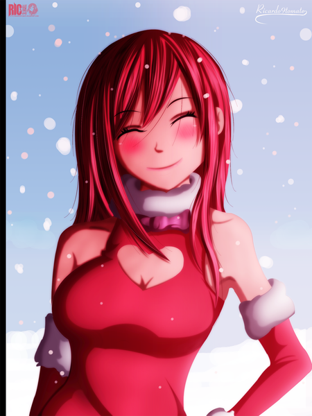 Anime picture 1200x1600 with fairy tail erza scarlet ric9duran single long hair tall image blush smile pink hair eyes closed coloring snowing christmas winter snow merry christmas girl dress detached sleeves santa claus costume