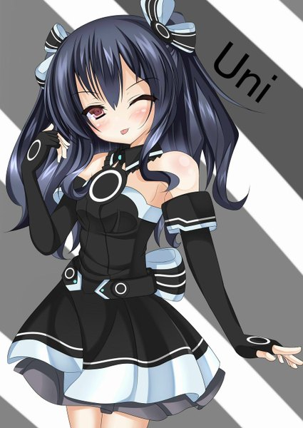Anime picture 1000x1412 with choujigen game neptune hyperdimension neptunia mk2 uni (choujigen game neptune) lieselotte (artist) single long hair tall image looking at viewer blush fringe brown eyes one eye closed wink :p girl dress gloves detached sleeves elbow gloves tongue