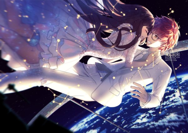 Anime picture 1500x1061 with mystic messenger 707 (mystic messenger) protagonist (mystic messenger) rosuuri long hair tall image short hair black hair smile brown hair bare shoulders signed yellow eyes couple hug watermark face to face falling girl dress