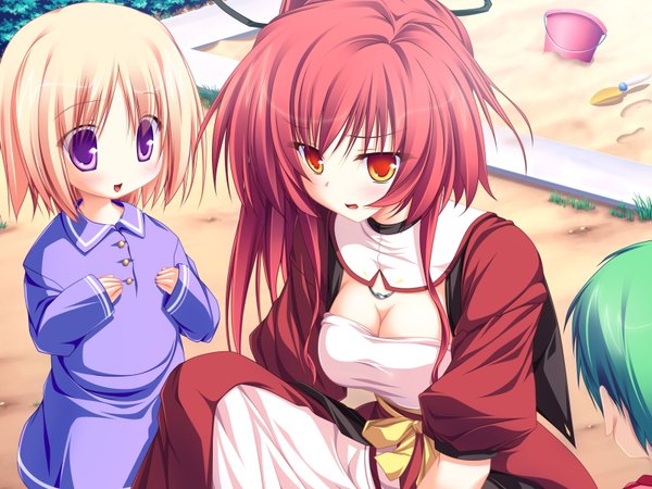 Anime picture 1600x1200 with magus tale whirlpool (studio) seera finis victoria tenmaso long hair blush short hair open mouth blonde hair red eyes purple eyes multiple girls game cg cleavage ponytail red hair green hair side ponytail squat sand