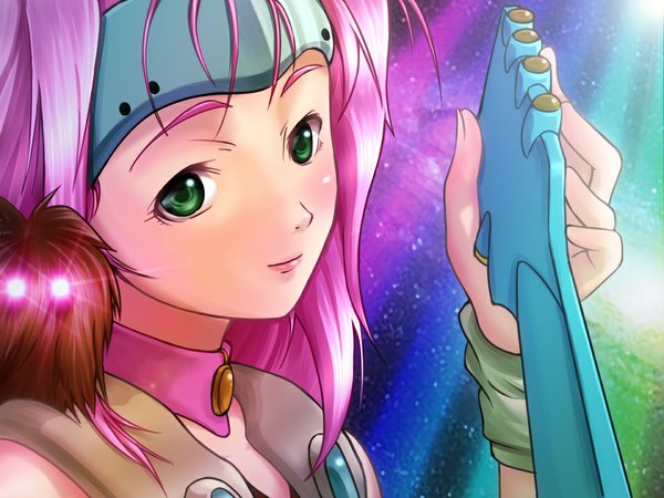 Anime picture 960x720 with macross macross 7 mylene jenius guvava firopito long hair looking at viewer blush fringe holding green eyes looking away pink hair fingernails light smile lips glowing eyebrows glowing eye (eyes) + +