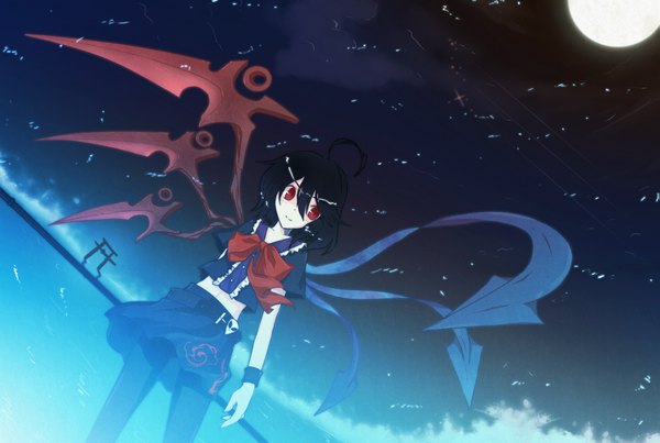 Anime picture 2327x1565 with touhou houjuu nue highres short hair black hair red eyes sky girl skirt ribbon (ribbons) pantyhose wings water moon