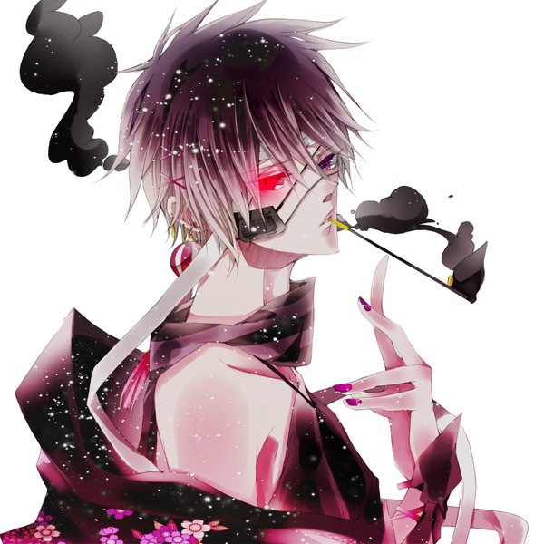 Anime picture 1850x1850 with vocaloid kaito (vocaloid) daiviad single highres short hair simple background red eyes white background bare shoulders purple hair nail polish traditional clothes glowing smoke glowing eye (eyes) smoking boy flower (flowers) earrings