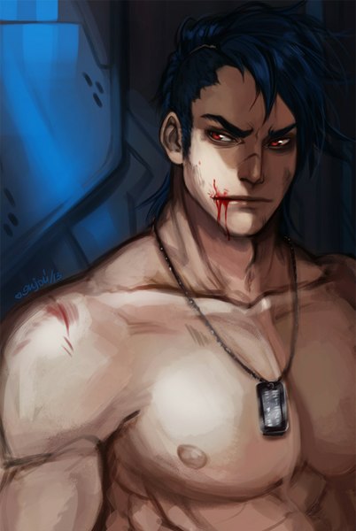 Anime picture 700x1045 with original enijoi single tall image short hair breasts red eyes blue hair looking away nipples lips topless close-up muscle frown boy pendant blood