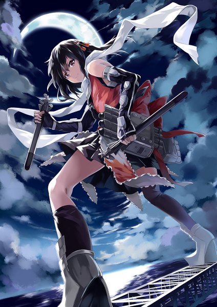 Anime picture 950x1344 with kantai collection tagme (character) neko (yanshoujie) single tall image looking at viewer fringe short hair black hair smile bare shoulders holding brown eyes sky cloud (clouds) full body bent knee (knees) looking back night from below
