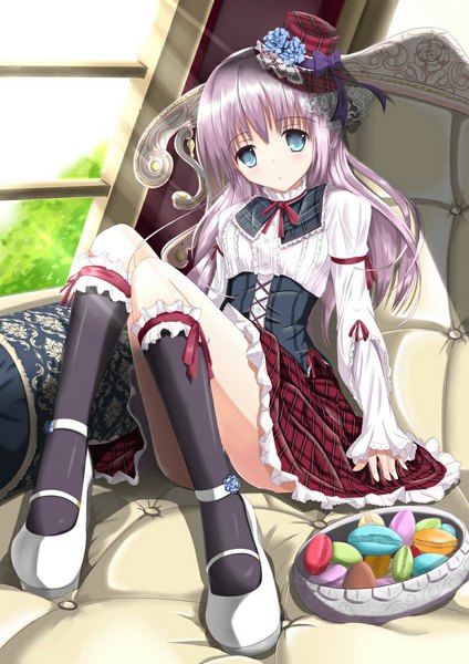 Anime picture 778x1100 with original fatkewell single long hair tall image looking at viewer blush blue eyes silver hair girl dress flower (flowers) hat socks food shoes sweets black socks cookie (cookies) macaron