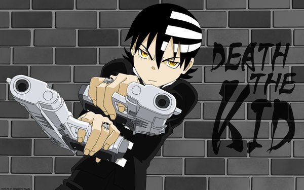 Anime picture 1920x1200 with soul eater studio bones death the kid highres short hair black hair wide image yellow eyes multicolored hair two-tone hair streaked hair boy gun ring skull