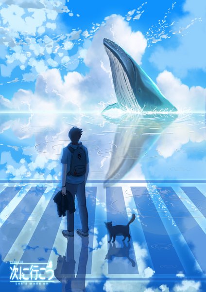 Anime picture 2480x3508 with original donsaid (dias mardianto) tall image highres short hair black hair holding sky cloud (clouds) from behind animal bracelet cat water drop backpack road whale