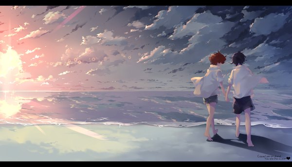 Anime picture 1200x686 with south park kyle broflovski stanley randall marsh saru (pixiv 1267140) short hair black hair wide image sky cloud (clouds) red hair barefoot sunlight open clothes multiple boys open shirt beach back holding hands boy shirt