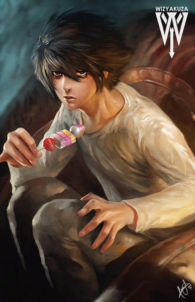 Anime picture 600x927 with death note madhouse l (death note) wizyakuza single long hair tall image looking at viewer fringe black hair brown hair holding brown eyes signed fingernails lips realistic boy food berry (berries)
