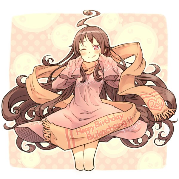 Anime picture 1000x1000 with original kuinji 51go single long hair blush smile brown hair brown eyes ahoge one eye closed wink sleeves past wrists symbol-shaped pupils :p fingersmile dress heart tongue scarf
