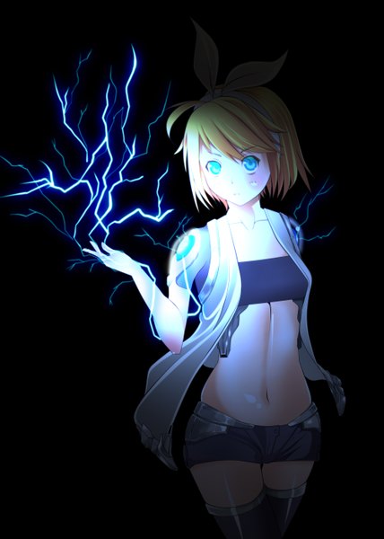 Anime picture 4000x5608 with vocaloid kagamine rin single tall image fringe highres short hair blue eyes simple background blonde hair absurdres open clothes open shirt shiny skin black background lightning girl thighhighs navel shirt