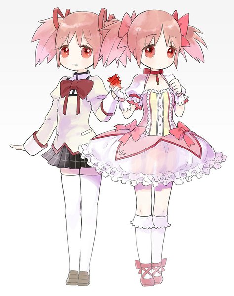 Anime picture 791x1000 with mahou shoujo madoka magica shaft (studio) kaname madoka wada arco tall image looking at viewer short hair simple background red eyes white background twintails pink hair holding hands short twintails dual persona girl thighhighs dress gloves uniform