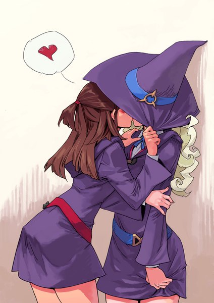 Anime picture 2480x3508 with little witch academia studio trigger kagari atsuko diana cavendish archvermin long hair tall image blush highres simple background blonde hair brown hair multiple girls ponytail long sleeves couple shoujo ai covering kiss hand on another's shoulder