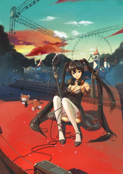 Anime picture 1414x2000 with vocaloid zatsune miku november (jeanex) long hair tall image black hair red eyes twintails pantyshot pantyshot sitting girl thighhighs underwear panties detached sleeves white thighhighs headphones toy stuffed animal microphone