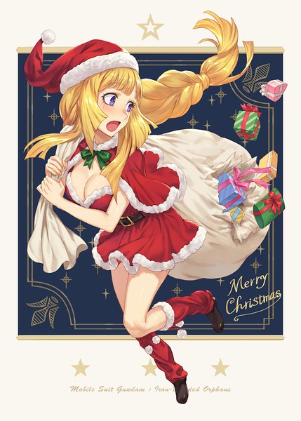 Anime picture 715x1000 with mobile suit gundam gundam tekketsu no orphans sunrise (studio) kudelia aina bernstein guchico single long hair tall image blush fringe breasts open mouth blonde hair purple eyes cleavage bent knee (knees) looking back fur trim christmas walking