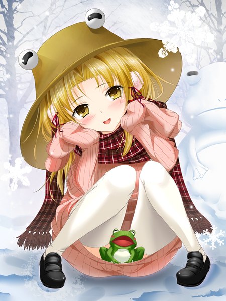 Anime picture 900x1200 with touhou moriya suwako bug (artist) single long hair tall image looking at viewer blush open mouth blonde hair yellow eyes long sleeves snowing winter convenient censoring hands in sleeves girl thighhighs hat white thighhighs